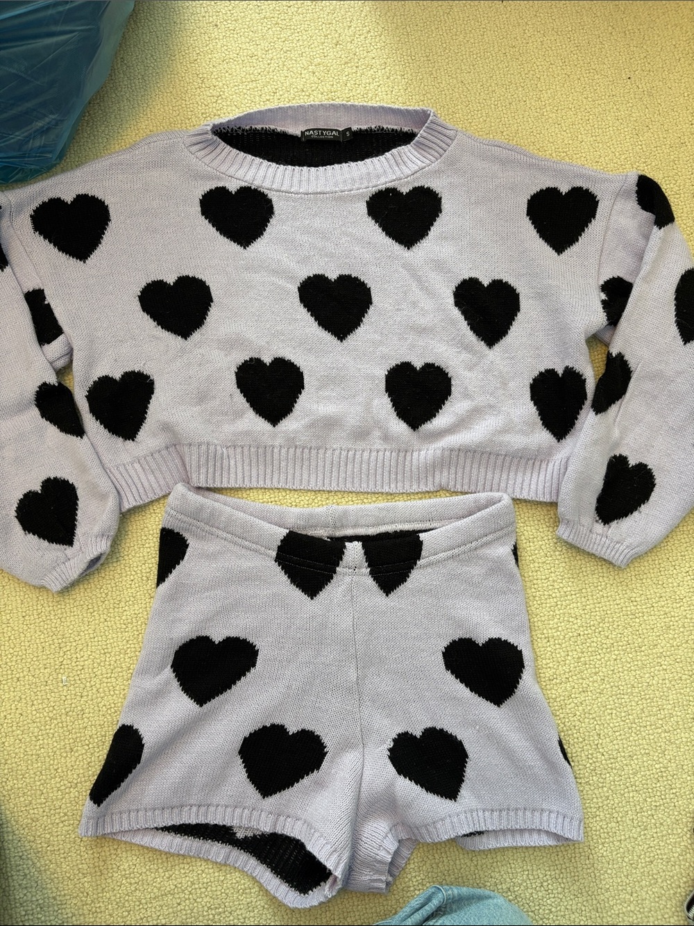 Nasty Gal Black Heart Light Lavender Knit Crop Sweater + Shorts Set